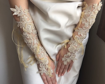 Bridal Long Gloves, Wedding Gloves, Long Lace Hand Jewelry, Wedding Hand Accessories,Gold Champagne lace gloves, Fingerless Lace Jewelry