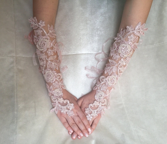 Bridal Blush Pink Gloves, Wedding Lace Gloves, Embroided