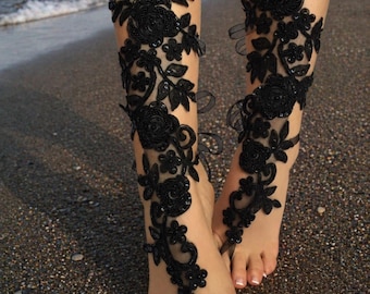 Black Lace Barefoot Sandals, Sequined Wedding Foot Jewelry