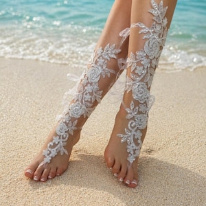 Beach Wedding Party, White Lace Barefoot Sandal, Bridal White Shoes image 1