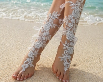 Beach Wedding Party, White Lace Barefoot Sandal, Bridal White Shoes