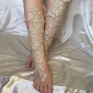 Champagne Long Barefoot Sandals, Lace Wedding Shoes, Beach Wedding Sandals,  Gold Champagne Shoes, Bridal Foot Jewelry, Lace Wedding Shoes