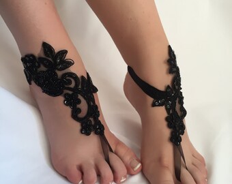 Black Lace Barefoot Sandals, Beach Wedding Foot Jewelry
