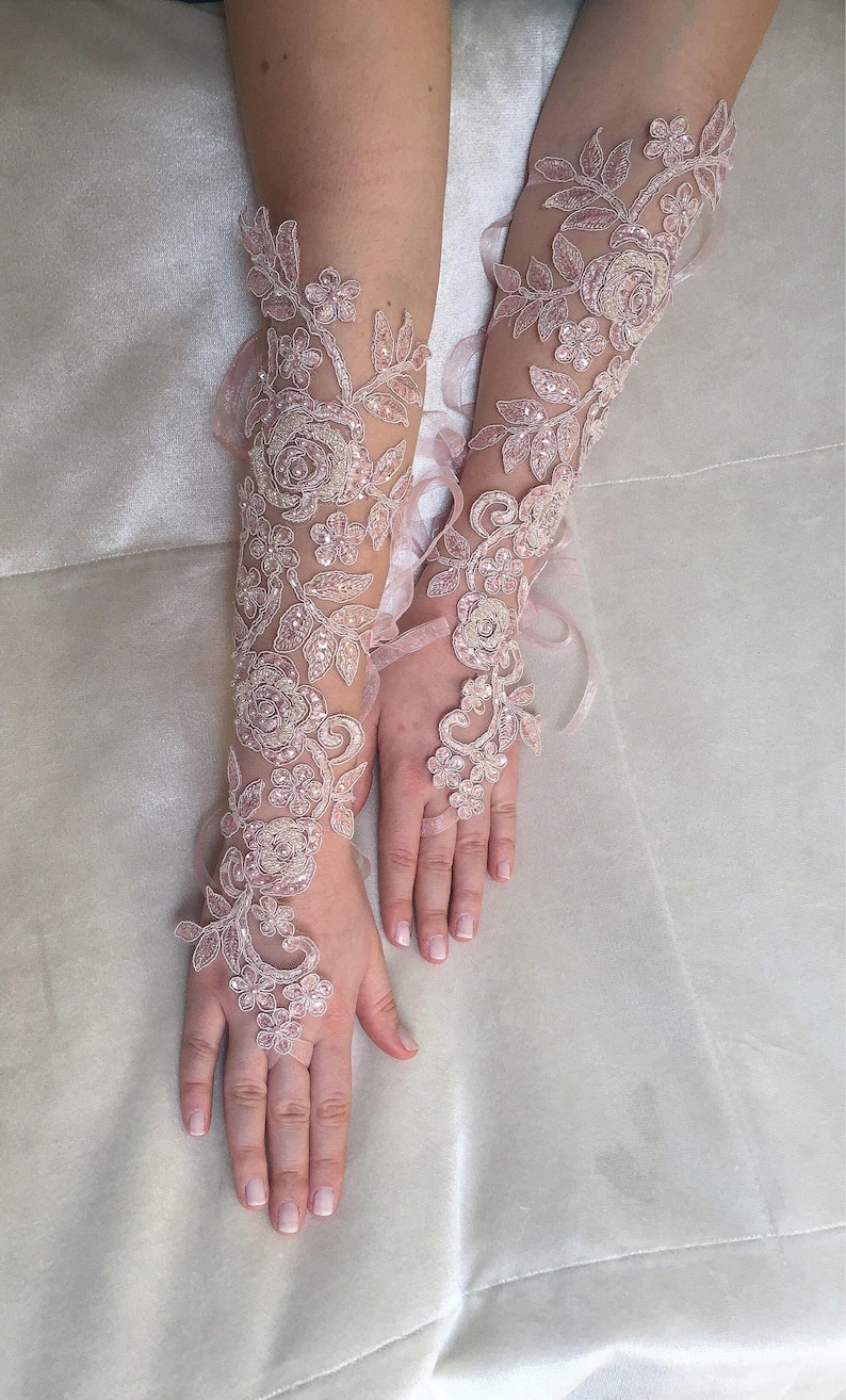 Bridal Blush Pink Lace Fingerless Gloves, Embroidered Wedding Gloves image 4