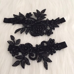 Wedding Black Garter Set, Bridal Garters Black Lace and Pearls, Bridal Strech Garter Set, Rustic Garters, Bridal keepsake and toss garter