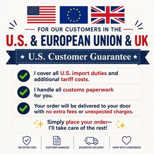 May include: An informational graphic featuring the flags of the U.S., European Union, and UK. It displays the text FOR OUR CUSTOMERS IN THE U.S. & EUROPEAN UNION & UK, U.S. Customer Guarantee, and details regarding import duties and customs.