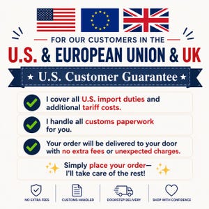 May include: An informational graphic featuring the flags of the U.S., European Union, and UK. It displays the text FOR OUR CUSTOMERS IN THE U.S. & EUROPEAN UNION & UK, U.S. Customer Guarantee, and details regarding import duties and customs.