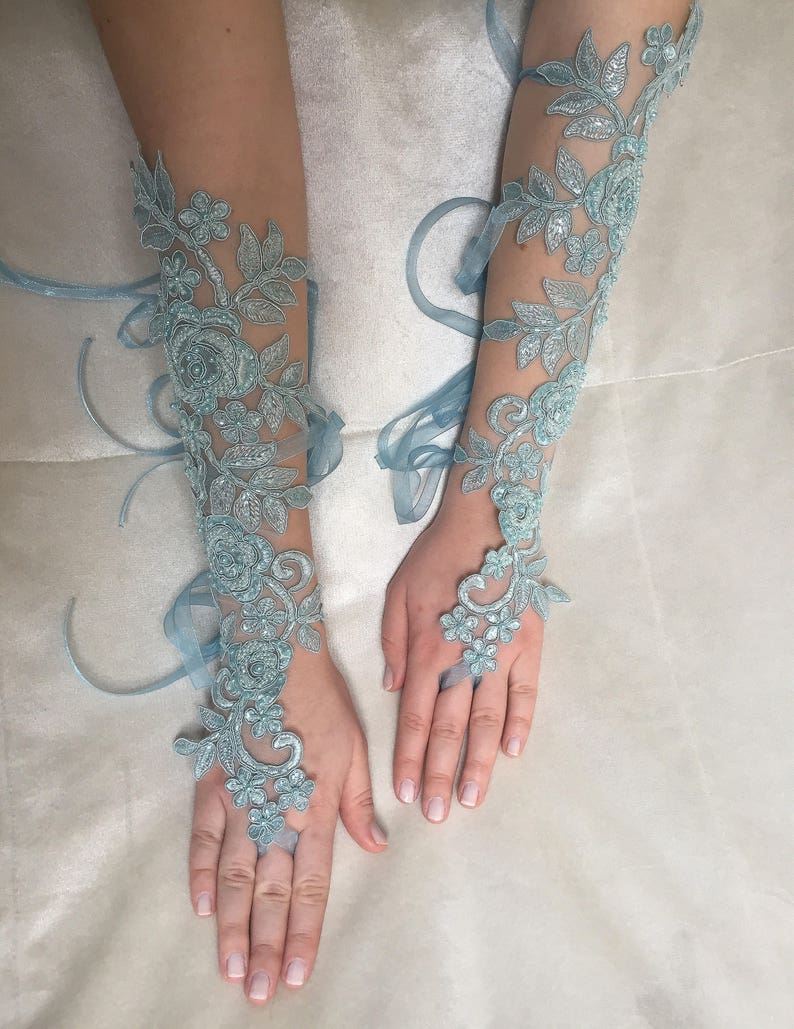 Turquoise Blue Long Gloves Bridal Lace Gloves Wedding Blue Etsy