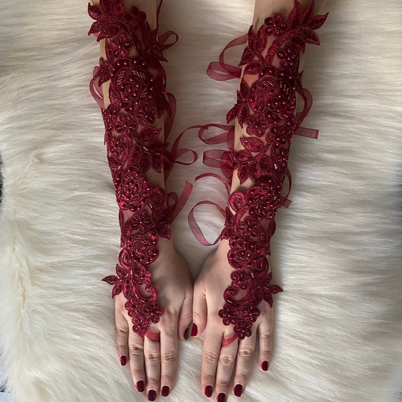 Red Long Lace Gloves Fingerless Bridal Gloves Sequin Lace Etsy