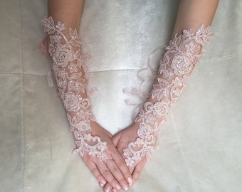 Wedding lace gloves, Lace gloves, bridal lace glove, fingerless gloves women, bridal blush pink gloves, Wedding gloves, bridal long gloves,