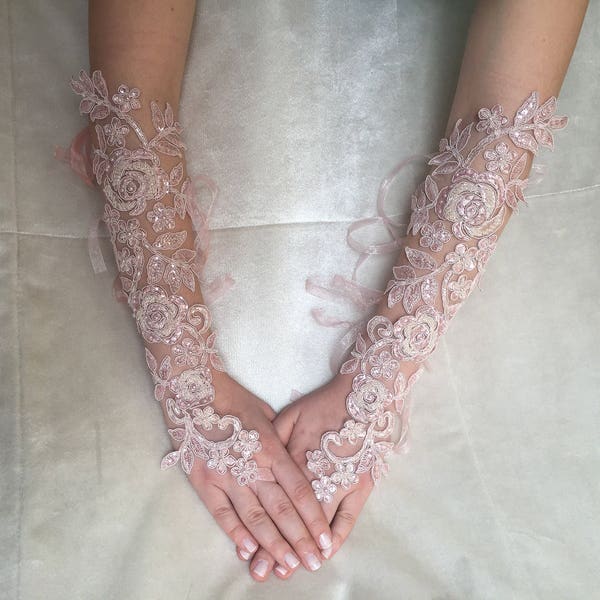 Wedding lace gloves, Lace gloves, bridal lace glove, fingerless gloves women, bridal blush pink gloves, Wedding gloves, bridal long gloves,