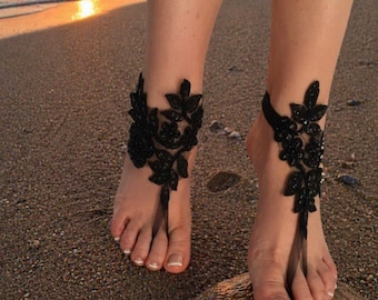 Black Lace Barefoot Sandals, Sequined Bridal Foot Jewelry