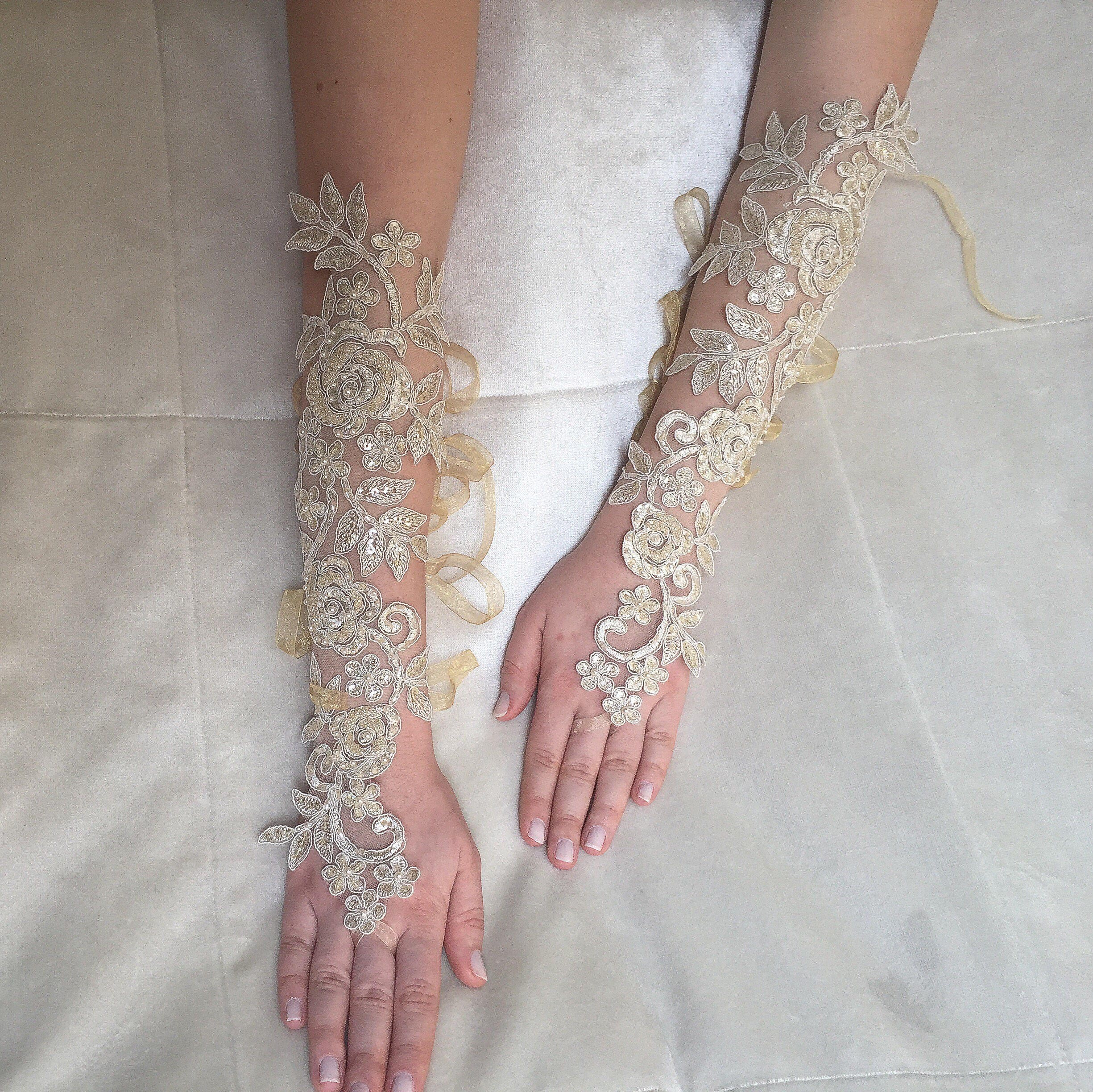 Buy Bridal Long Gloves, Wedding Gloves, Long Lace Hand Jewelry, Wedding  Hand Accessories,gold Champagne Lace Gloves, Fingerless Lace Jewelry Online  in India 