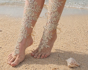 Champagne Bridal Barefoot Sandals, Bridal Foot Lace Jewelry