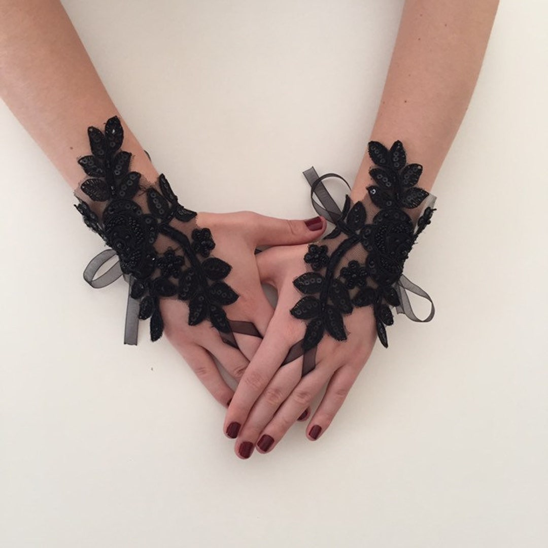 Black Sequined Lace Gloves, Wedding Bridal Black Gloves, Sexy Evening