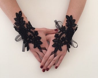 Black Sequined Lace Gloves, Wedding  Bridal Black Gloves, Sexy Evening Glove, Bridal Prom Black Accessory, Wedding Ceremony Lace Accessories