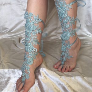 Blue Barefoot Sandals, Bridal Long Barefoot Sandals, Wedding blue shoes, Something Blue Shoes, Lace Wedding Shoes, Beach Barefoot Sandals,