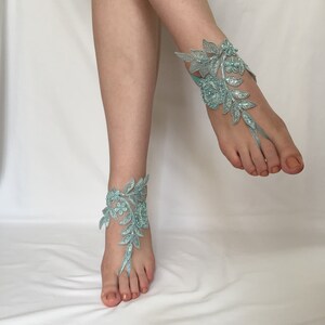 Bridal Barefoot Sandal, Blue Lace Barefoot Sandals, Wedding photo prop shoes, Beach wedding Sandals, Bridal foot accessories, Wedding shoes image 3