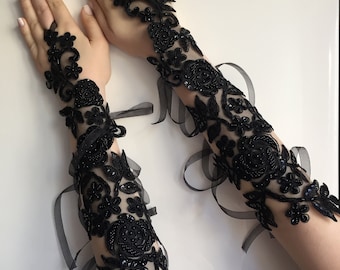 Bridal Wedding Gloves, Black Long Lace Gloves, Lace Fingerless Gloves, Bridesmaid Gift, Hand Jewelry, Bridal Lace Gloves, Bridal Shower