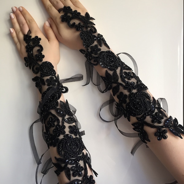 Bridal Wedding Gloves, Black Long Lace Gloves, Lace Fingerless Gloves, Bridesmaid Gift, Hand Jewelry, Bridal Lace Gloves, Bridal Shower