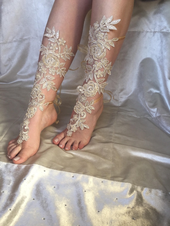 Champagne Long Barefoot Sandals Lace Wedding Shoes Beach Wedding Sandals Gold Champagne Shoes Bridal Foot Jewelry Lace Wedding Shoes