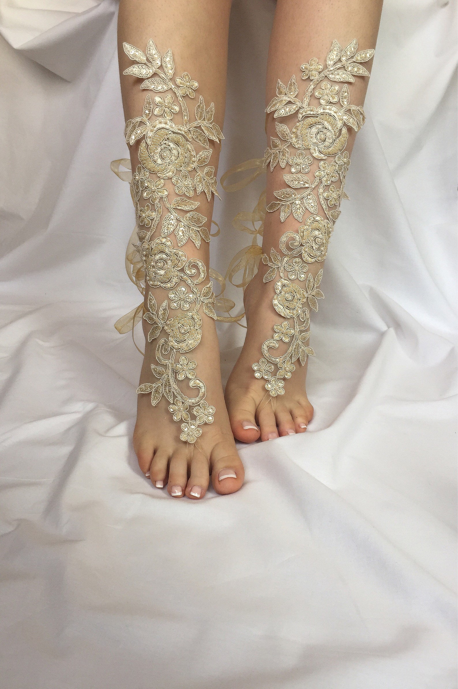 Bridal Barefoot Sandals Lace Wedding Shoes Long Foot | Etsy