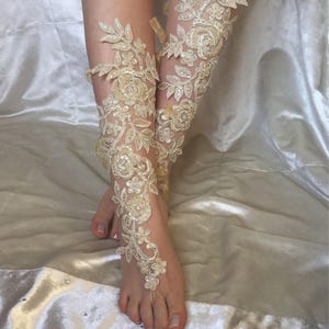Photo prop bridal shower, Bridal Footless Sandals, Champagne Lace Bridal Shoes, Bridesmaid Barefoot Sandals, Beach Wedding Long Lace Shoes