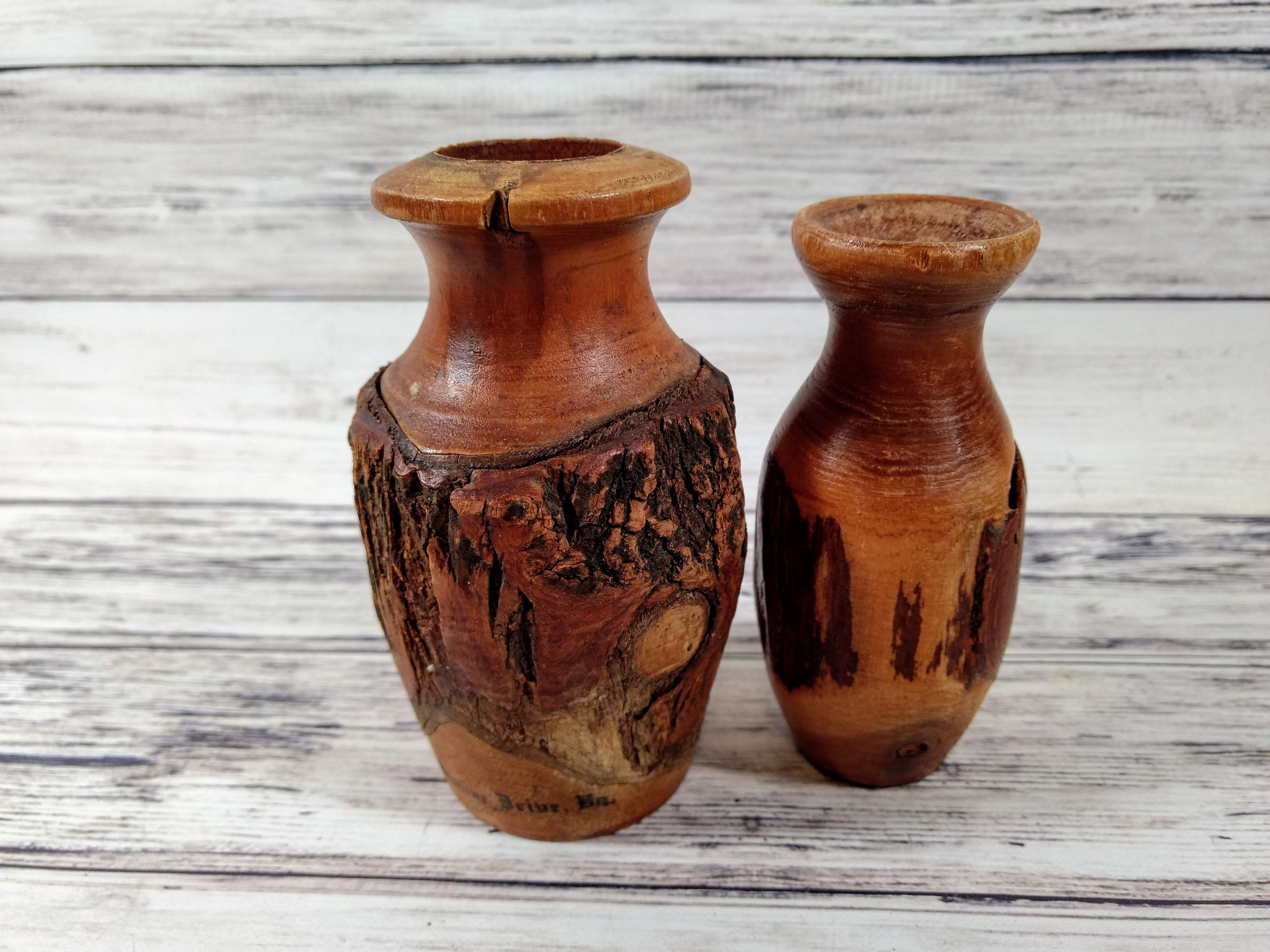Turned Wood Vase Live Edge Rustic Wooden Vase Set Of 2 Etsy