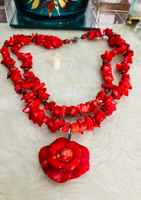 Red Coral with 925silver Necklace with Coral Flowe