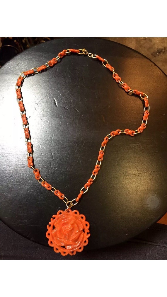 Large Retro Vintage Orange Plastic Necklace with F