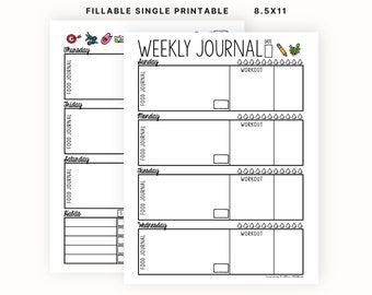 Weekly Health & Fitness Journal - Food, Water, Habits, and Workouts  |  Printable and Fillable PDF