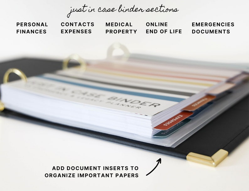 Pu&ograve; includere: Un raccoglitore nero con accenti dorati e schede etichettate per organizzare documenti importanti. Le schede sono etichettate "Finanze personali", "Spese di contatto", "Propriet&agrave; medica", "Fine vita online" e "Documenti di emergenza". Il raccoglitore &egrave; aperto per rivelare pagine bianche con il testo "Just in Case Binder Legacy Planner".