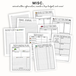 May include: A printable set of black and white planner pages for organising a trip. The pages include sections for a bucket list, trip details, trip funding plan, trip budget, trip expense log, house sitter info, pet sitter info, kid sitter info, and sitter information.