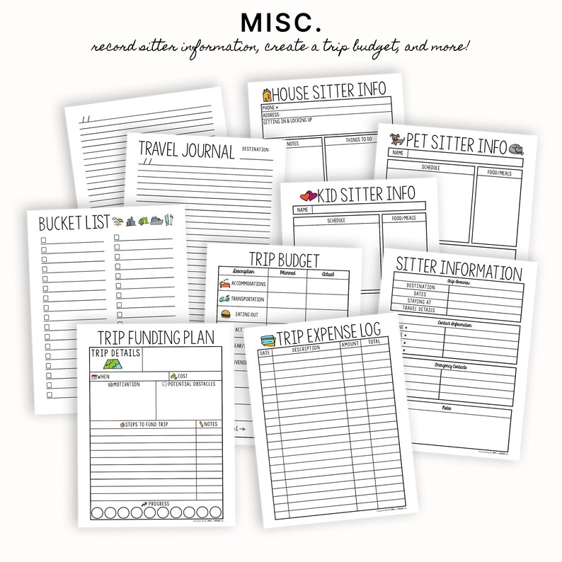 May include: A printable set of black and white planner pages for organising a trip. The pages include sections for a bucket list, trip details, trip funding plan, trip budget, trip expense log, house sitter info, pet sitter info, kid sitter info, and sitter information.
