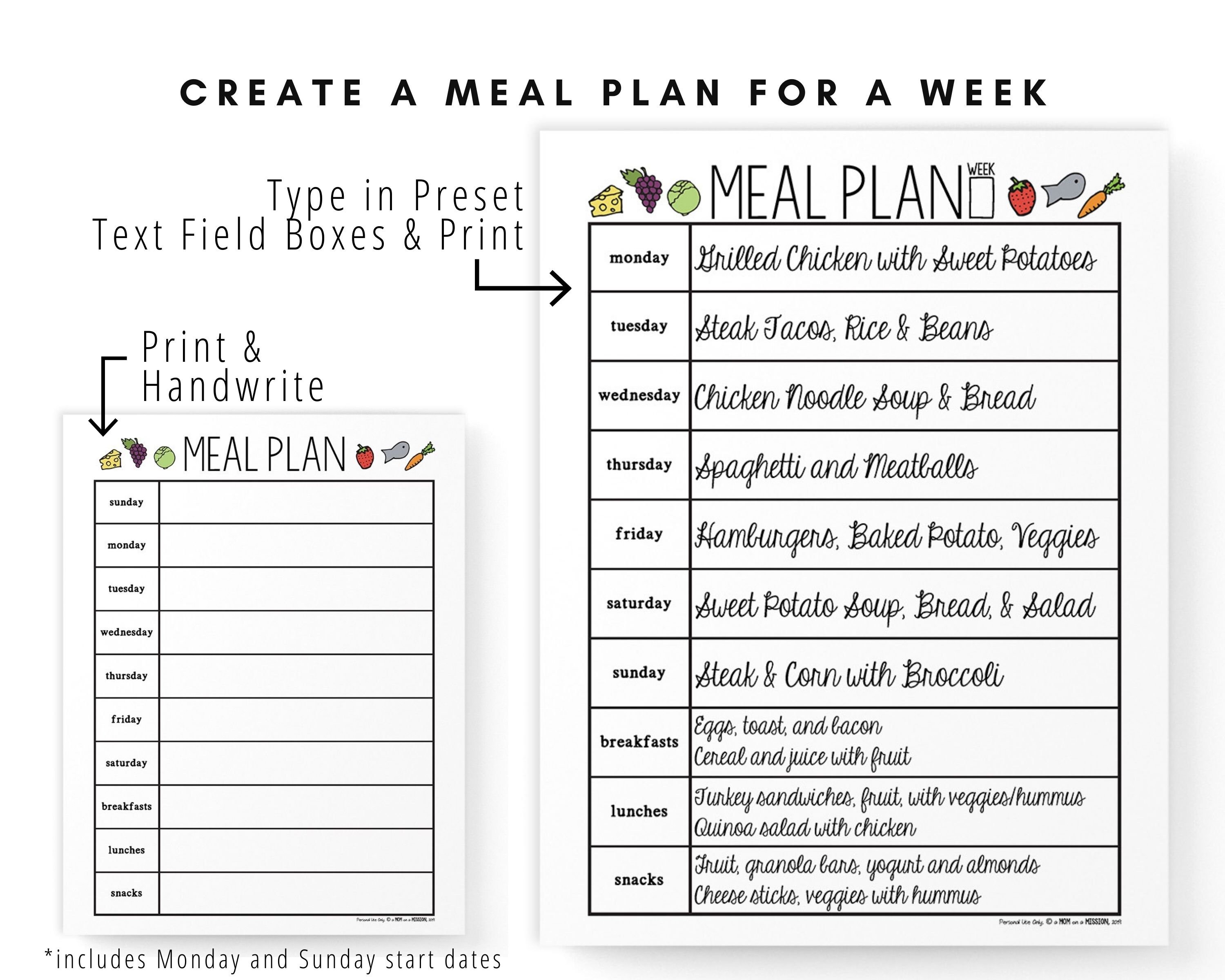 Weekly Meal Planner | Printable and Fillable PDF - Etsy