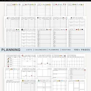 Puede incluir: Un planificador imprimible con ilustraciones en blanco y negro. El planificador incluye secciones para "Para recordar", "Planificaci&oacute;n" y "Listas". El planificador tiene secciones para calendarios mensuales, calendarios semanales y listas de tareas diarias. El planificador tambi&eacute;n incluye secciones para cumplea&ntilde;os, vacaciones y gastos.