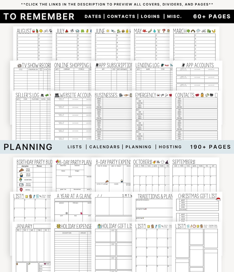 Puede incluir: Un planificador imprimible con ilustraciones en blanco y negro. El planificador incluye secciones para "Para recordar", "Planificaci&oacute;n" y "Listas". El planificador tiene secciones para calendarios mensuales, calendarios semanales y listas de tareas diarias. El planificador tambi&eacute;n incluye secciones para cumplea&ntilde;os, vacaciones y gastos.
