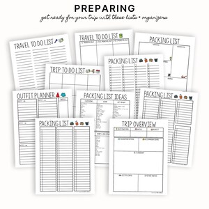May include: A set of printable travel planning checklists and organisers. The checklists include: Travel To Do List, Trip To Do List, Outfit Planner, Packing List Ideas, Packing List, and Trip Overview.