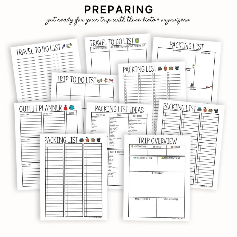 May include: A set of printable travel planning checklists and organisers. The checklists include: Travel To Do List, Trip To Do List, Outfit Planner, Packing List Ideas, Packing List, and Trip Overview.
