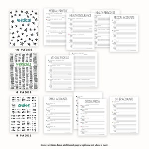 May include: A printable digital planner with sections for medical, vehicle, online, email, and social media information. The planner has a black and white design with illustrations of stars, lines, and dots.
