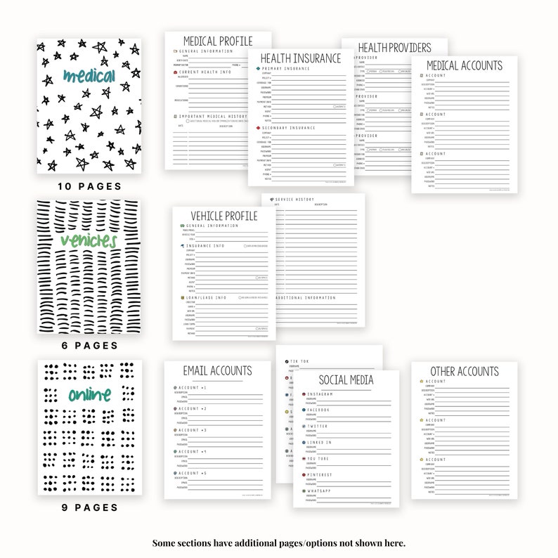May include: A printable digital planner with sections for medical, vehicle, online, email, and social media information. The planner has a black and white design with illustrations of stars, lines, and dots.