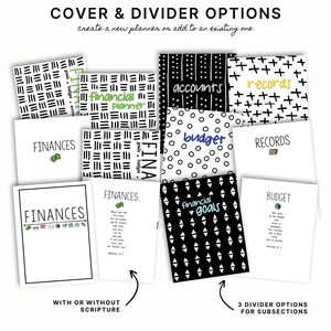 Puede incluir: Un conjunto de cubiertas y divisores de planificador imprimibles con patrones geom&eacute;tricos en blanco y negro. Las cubiertas presentan las palabras "Finanzas", "Planificador financiero", "Cuentas", "Registros", "Presupuesto" y "Objetivos financieros". Los divisores tienen diferentes patrones e incluyen las palabras "Finanzas", "Presupuesto" y "Registros".