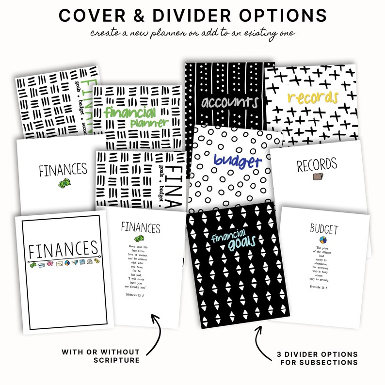 Puede incluir: Un conjunto de cubiertas y divisores de planificador imprimibles con patrones geom&eacute;tricos en blanco y negro. Las cubiertas presentan las palabras "Finanzas", "Planificador financiero", "Cuentas", "Registros", "Presupuesto" y "Objetivos financieros". Los divisores tienen diferentes patrones e incluyen las palabras "Finanzas", "Presupuesto" y "Registros".