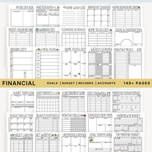 Puede incluir: Un planificador imprimible con ilustraciones en blanco y negro para organizar las tareas del hogar y las finanzas. El planificador incluye secciones para comidas, limpieza, proyectos, registros, objetivos, presupuesto y cuentas. El planificador tiene m&aacute;s de 180 p&aacute;ginas.