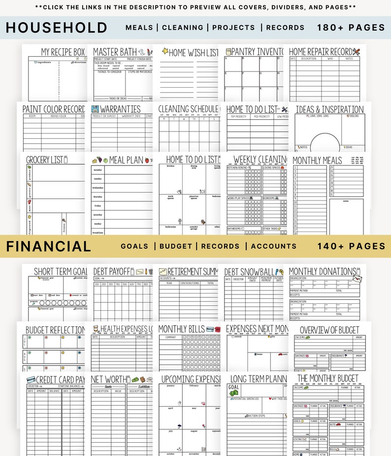Puede incluir: Un planificador imprimible con ilustraciones en blanco y negro para organizar las tareas del hogar y las finanzas. El planificador incluye secciones para comidas, limpieza, proyectos, registros, objetivos, presupuesto y cuentas. El planificador tiene m&aacute;s de 180 p&aacute;ginas.