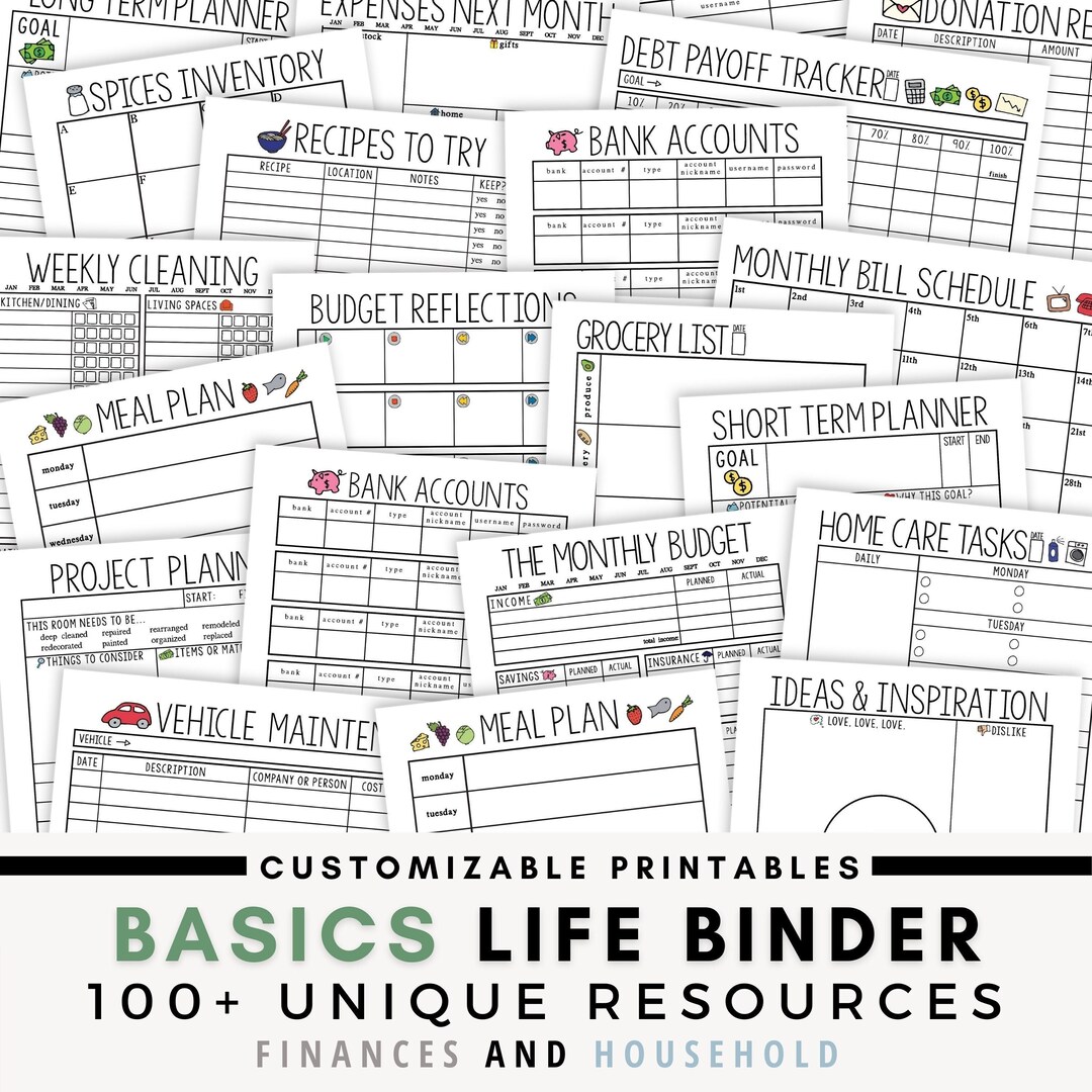 Basics Life Binder Planner Printables Editable PDF Home Etsy