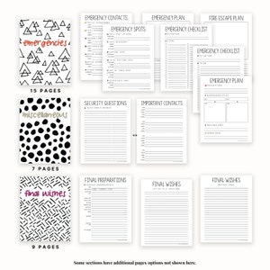May include: A printable planner with black and white illustrations. The planner includes sections for emergency contacts, emergency plans, security questions, important contacts, final preparations, and final wishes. The planner has 15 pages, 7 pages, and 9 pages.