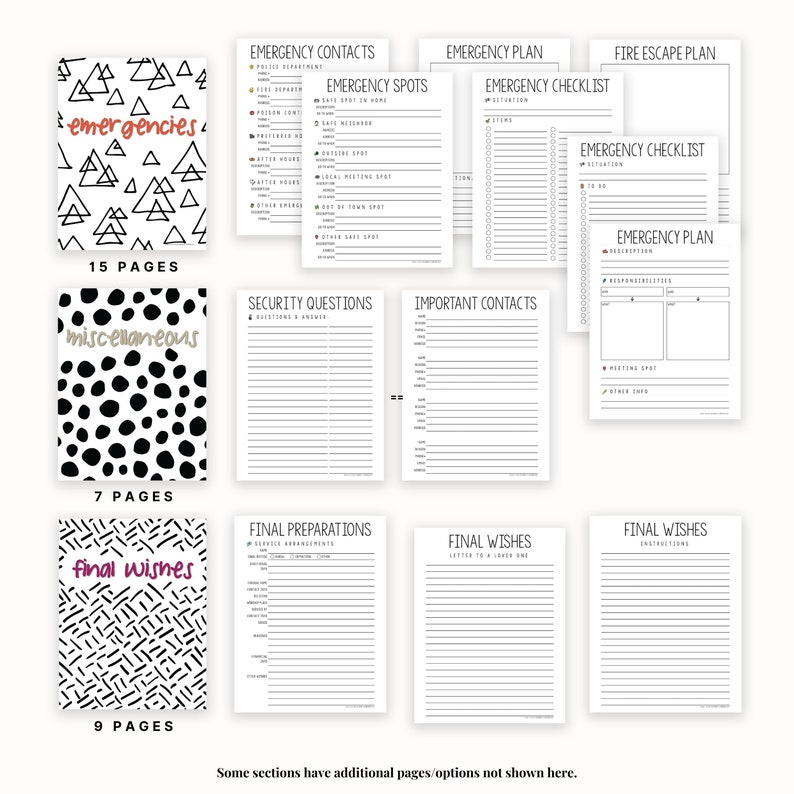 May include: A printable planner with black and white illustrations. The planner includes sections for emergency contacts, emergency plans, security questions, important contacts, final preparations, and final wishes. The planner has 15 pages, 7 pages, and 9 pages.