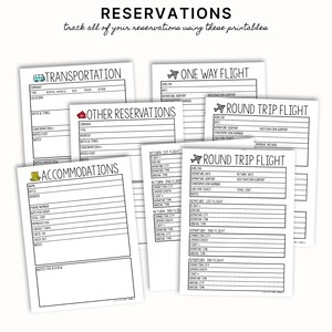 May include: Printable black and white planner pages for tracking travel reservations. The pages include sections for transportation, accommodation, one-way flights, and round-trip flights.