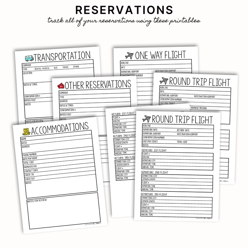 May include: Printable black and white planner pages for tracking travel reservations. The pages include sections for transportation, accommodation, one-way flights, and round-trip flights.